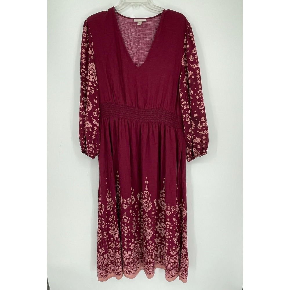 Knox Rose Women's Maroon Floral Long Sleeve Smocked Midi Dress Size XL